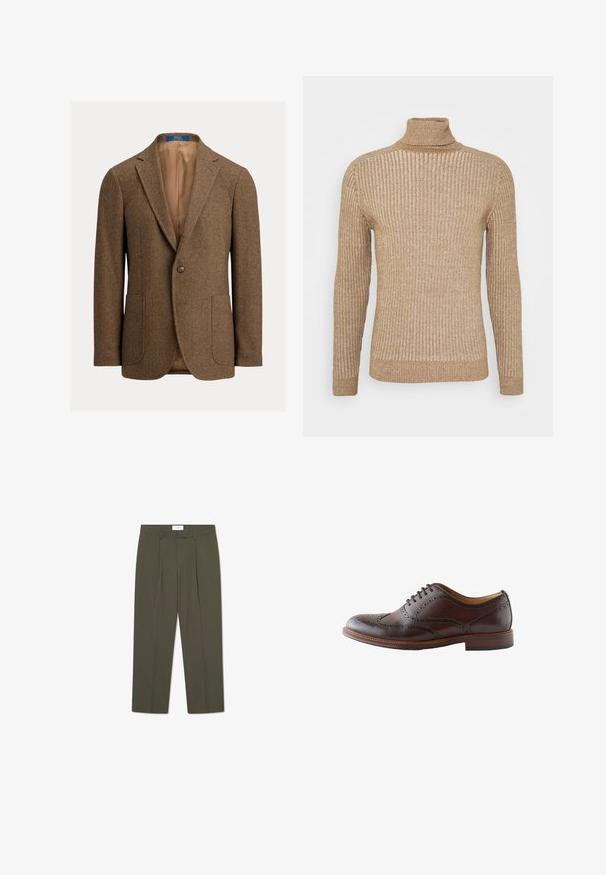 Brauner Wollblazer im Fischgrätmuster mit zwei aufgesetzten Fronttaschen, Ein-Knopf-Verschluss, Kerbkragen und beigem Satinfutter.; Beige, gerippter Rollkragenpullover mit langen Ärmeln, strukturiertem Stoff, tailliertem Schnitt und einem leicht lockeren Kragen. Schlichte und neutrale Farbe.; Olivgrüne Hose mit vertikalen Nadelstreifen, tailliertem Bund, Falten und geradem Bein. Glatte Textur.; Dunkelbrauner Leder-Wingtip-Brogue-Schuh mit Lochverzierungen und Schnürsenkeln, von der Außenseite auf weißem Hintergrund gezeigt.
