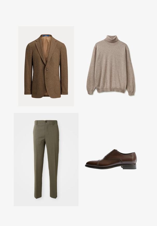 Bruine wollen blazer met visgraatmotief, twee opgestikte voorzakken, sluiting met één knoop, notch revers en beige satijnen voering.; Beige coltrui gemaakt van zacht breiwerk. Heeft lange mouwen en een ribgebreide zoom. Eenvoudig, gezellig ontwerp met minimale details.; Olijfgroene op maat gemaakte broeken met een gladde textuur, recht pijpdesign, enkele frontknop en zijzakken voor functionaliteit.; Bruine leren schoenen met een ronde neus, decoratieve perforaties en een gladde afwerking. Voorzien van een lage hak en zes oogjes voor veters.