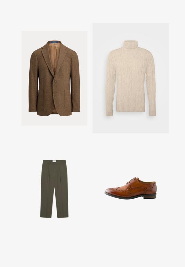 Blazer de lana marrón con espiga, con dos bolsillos de parche delanteros, cierre de un botón, solapas con muesca y forro de satén beige.; Jersey de cuello alto beige con un patrón de punto texturizado, puños y dobladillo acanalados. Hecho de una tela suave, presenta una silueta ajustada.; Pantalones verde oliva con rayas verticales, que cuentan con una cintura entallada, pliegues y un diseño de pierna recta. Textura suave.; Zapato de vestir brogue para hombre de cuero marrón con perforaciones en punta de ala y cordones negros, mostrado desde el lado exterior.