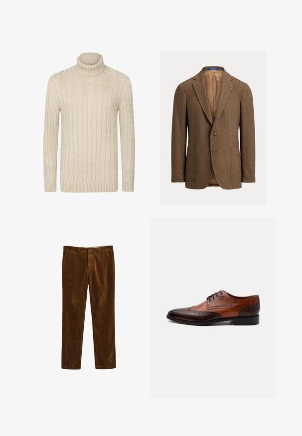Blazer en laine marron à chevrons avec deux poches plaquées avant, fermeture à un bouton, revers crantés et doublure satin beige.; Pull en maille torsadée à col roulé couleur beige clair, doté de poignets et d'un ourlet côtelés. Fabriqué dans un matériau doux et texturé, offrant un ajustement confortable.; Pantalons en velours côtelé marron avec une coupe droite, dotés d'une fermeture à bouton à l'avant et de deux poches latérales. Tissu texturé avec un motif à côtes.; Chaussure habillée homme en cuir marron bicolore avec détails brogue et fermeture à lacets, vue de côté sur fond blanc.
