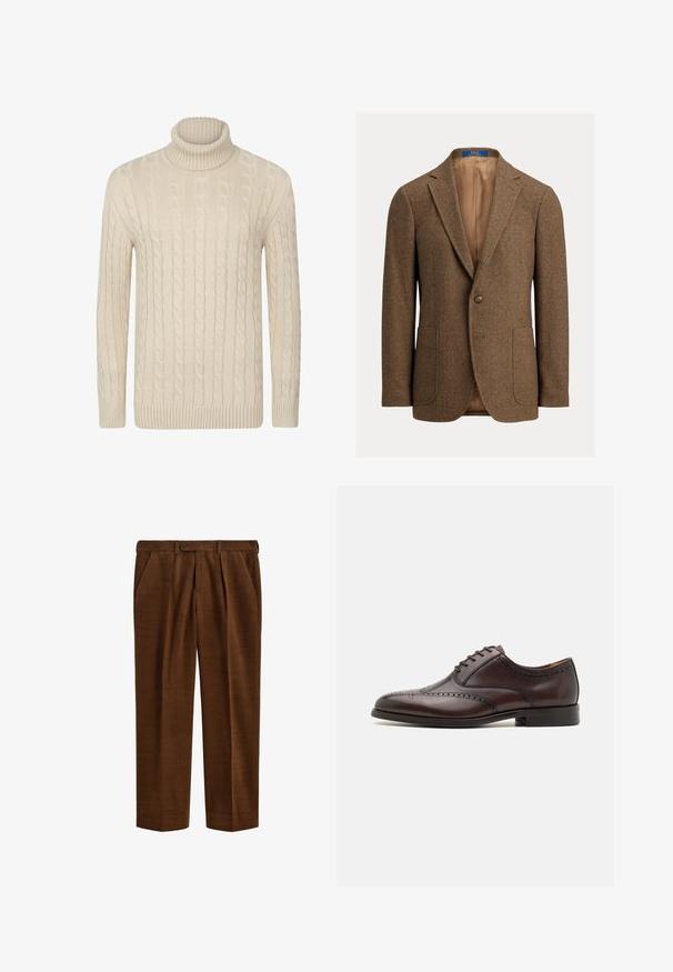 Blazer en laine marron à chevrons avec deux poches plaquées avant, fermeture à un bouton, revers crantés et doublure satin beige.; Pull en maille torsadée à col roulé couleur beige clair, doté de poignets et d'un ourlet côtelés. Fabriqué dans un matériau doux et texturé, offrant un ajustement confortable.; Pantalon en velours côtelé marron avec des plis, poches latérales, passants pour ceinture et fermeture par bouton à la taille, présenté à plat sur fond blanc.; ALDO DONALD - Derbies & Richelieus - dark brown