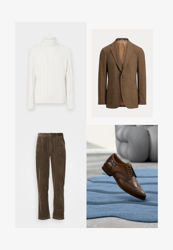 Blazer en laine marron à chevrons avec deux poches plaquées avant, fermeture à un bouton, revers crantés et doublure satin beige.; Pull col roulé blanc avec des motifs de tricot variés, y compris des textures en câble et en gaufre, avec des manches longues et des poignets et un ourlet côtelés.; Pantalon en velours côtelé marron avec une coupe droite, présentant des côtes verticales, une fermeture par bouton et deux plis à l'avant pour un détail supplémentaire.; Chaussure habillée brogue en cuir marron flottant au-dessus d'un tapis bleu texturé avec une chaise rembourrée grise en arrière-plan flou.