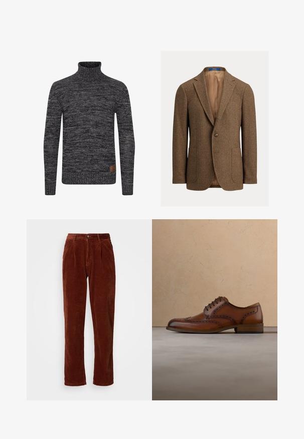Blazer en laine marron à chevrons avec deux poches plaquées avant, fermeture à un bouton, revers crantés et doublure satin beige.; Pull à col roulé tricoté en gris foncé avec un motif texturé. Présente un design ajusté et une étiquette tissée sur le bas à l'avant.; Pantalons en velours côtelé d'une riche couleur marron ; avec un devant plissé, des jambes droites et une fermeture à bouton à la taille.; Chaussure brogue en cuir marron avec des lacets flottant au-dessus d'un tapis beige, canapé beige flou en arrière-plan.