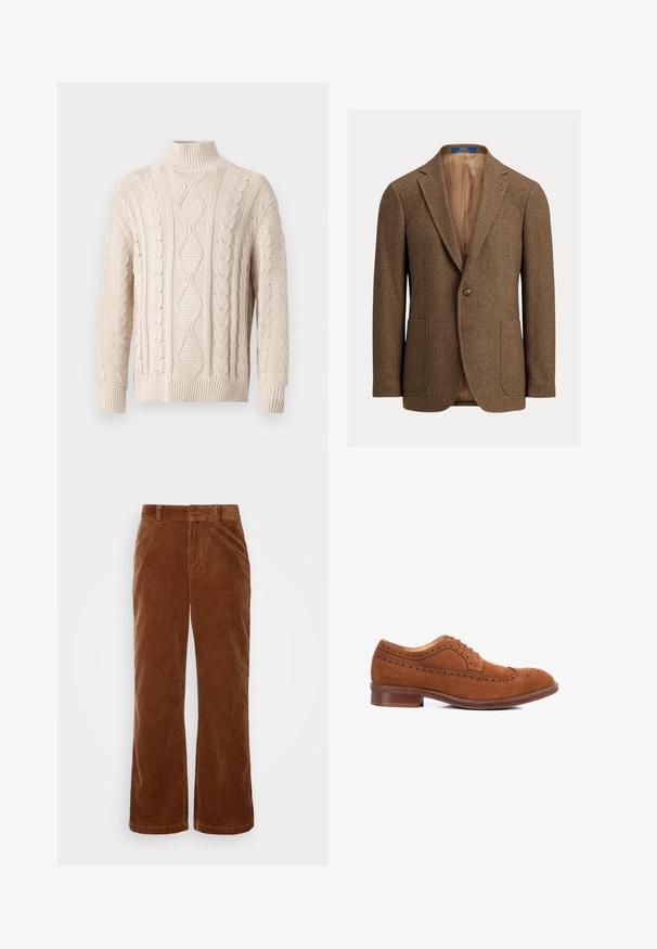 Bruine wollen blazer met visgraatmotief, twee opgestikte voorzakken, sluiting met één knoop, notch revers en beige satijnen voering.; Crème-kleurige kabelgebreide coltrui met diamanten en gevlochten patronen, met geribbelde manchetten en onderrand, tentoongesteld op een effen achtergrond.; Bruine corduroy broek met een wijde pijpdesign, gekenmerkt door een verticale ribbelstructuur, een knoopsluiting en standaard riemlussen.; Bruine suède oxford schoen met wingtip-details, ronde neus en bruine leren zool. Bevat geperforeerde accenten langs de bovenkant.