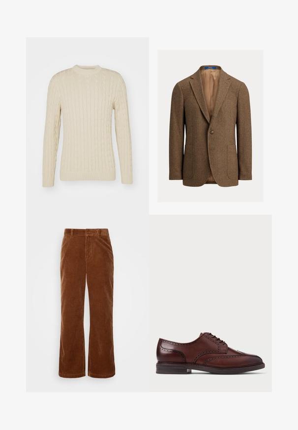 Bruine wollen blazer met visgraatmotief, twee opgestikte voorzakken, sluiting met één knoop, notch revers en beige satijnen voering.; Kabelgebreide trui in lichtcreme. Heeft een ronde hals, lange mouwen, geribbelde boorden en zoom, met een gestructureerd oppervlakpatroon.; Bruine corduroy broek met een wijde pijpdesign, gekenmerkt door een verticale ribbelstructuur, een knoopsluiting en standaard riemlussen.; Bruine leren brogue schoenen met veters, voorzien van een wingtip ontwerp, geperforeerde details en een donkere zool, weergegeven in zijprofiel op een witte achtergrond.