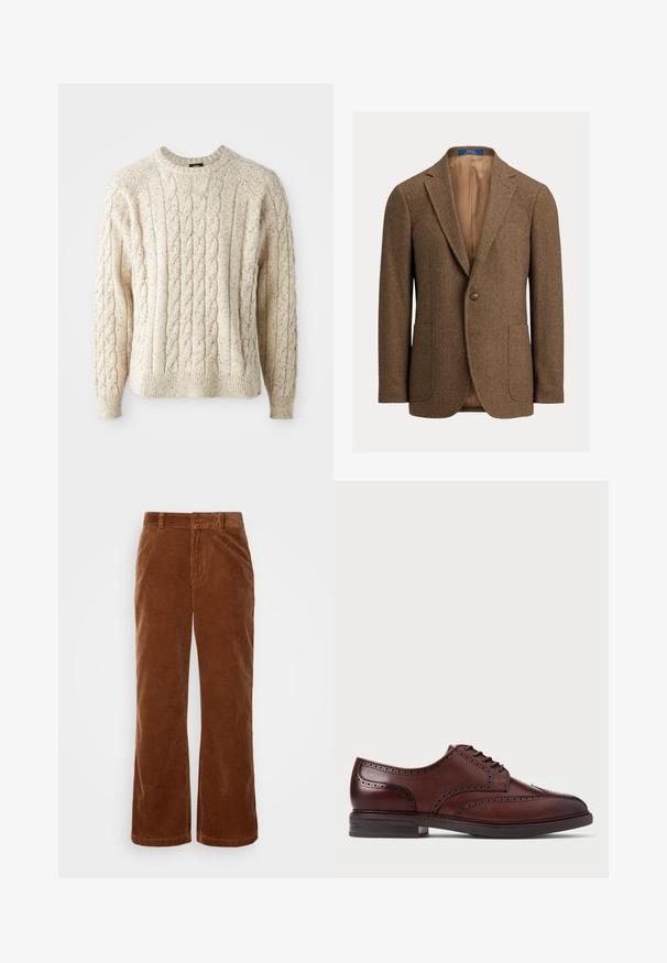 Brauner Wollblazer im Fischgrätmuster mit zwei aufgesetzten Fronttaschen, Ein-Knopf-Verschluss, Kerbkragen und beigem Satinfutter.; Cremfarbener Kabelstrickpullover mit Rundhalsausschnitt, strukturiertem Muster und gerippten Bündchen und Saum. Hergestellt aus weicher, dicker Wolle.; Braune Cordhosen mit einem weit geschnittenen Design, das eine vertikale Rippstruktur, einen Knopfverschluss und standardmäßige Gürtelschlaufen aufweist.; Braune Leder-Brogue-Schuhe mit Flügelspitze, durchbrochenen Details und dunkler Sohle, seitlich auf weißem Hintergrund abgebildet.
