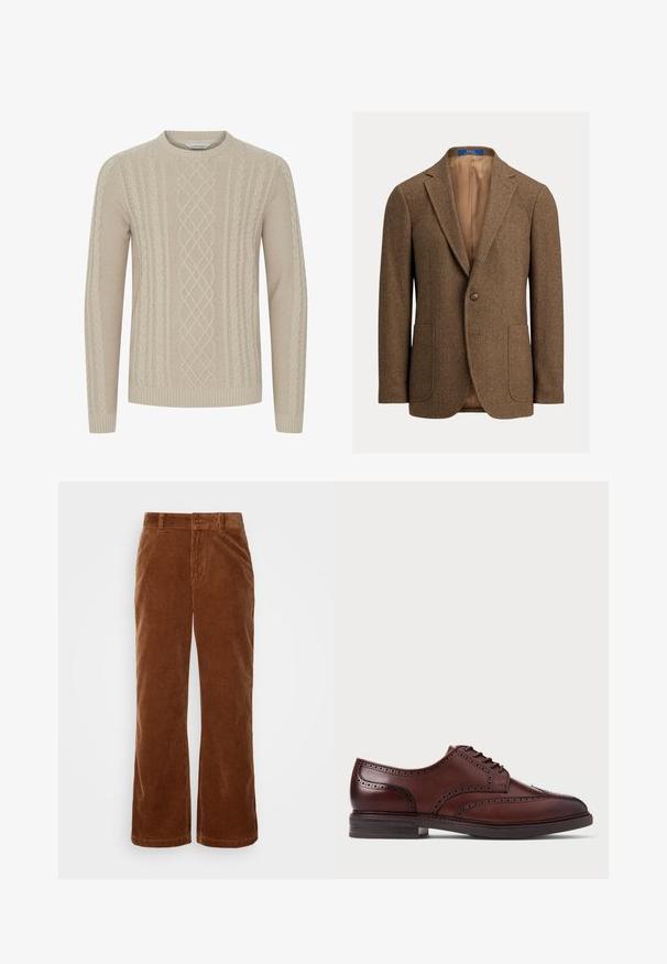 Blazer en laine marron à chevrons avec deux poches plaquées avant, fermeture à un bouton, revers crantés et doublure satin beige.; Pull en tricot beige présentant un motif en relief de torsades et des poignets et un ourlet côtelés. Encolure classique à col rond avec des manches longues.; Pantalons en velours côtelé marron avec une coupe évasée, présentant une texture rayée verticale, une fermeture à bouton et des passants de ceinture standard.; Chaussure brogue en cuir marron avec un design à bouts retournés, des détails perforés et une semelle foncée, présentée en profil latéral sur fond blanc.