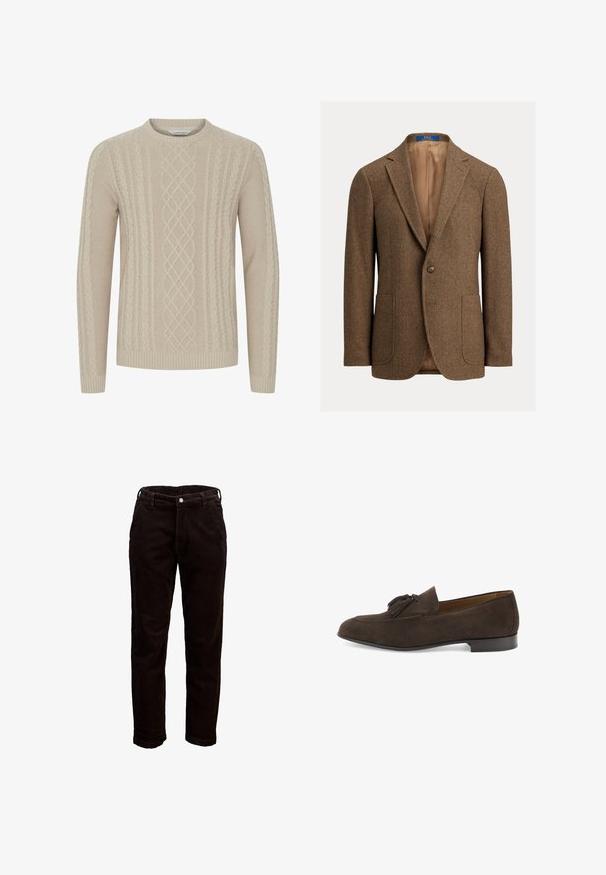 Brun uld blazer i fiskebenmønster med to forlommer, enkelt knaplukning, hakkede revers og beige satinfor.; Beige strikket sweater med et tekstureret kabelmønster og ribbede manchetter og kant. Klassisk rund halsudskæring med lange ærmer.; Herre sorte kordfløjlsbukser med bæltestropper, forreste knap og sidelommer, vist mod en hvid baggrund.; Mørkebrun herreloafer i ruskind med kvaster, lav hæl og rundet tå, vist i profil på hvid baggrund.
