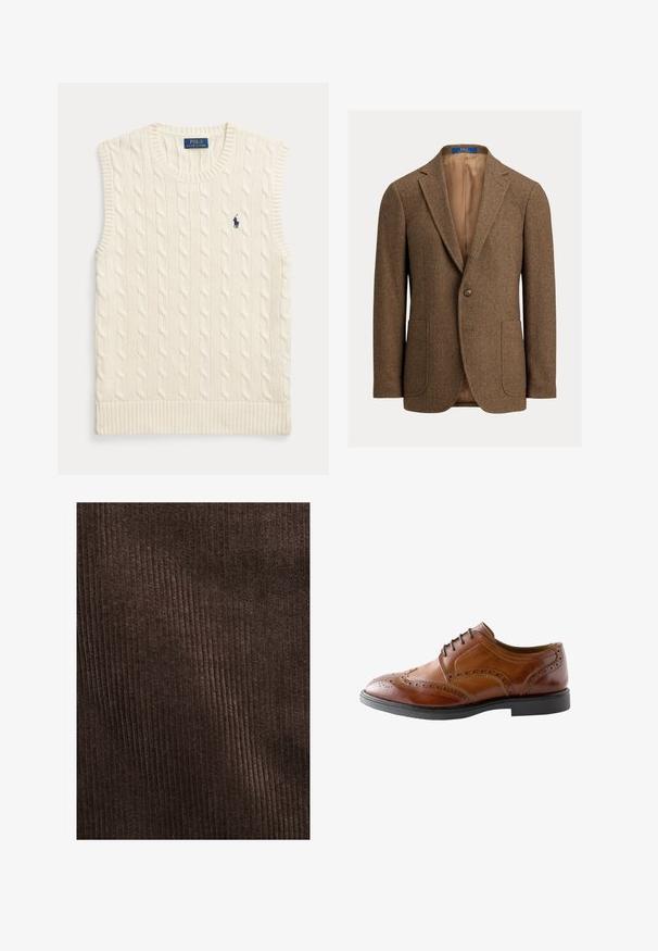 Brun uld blazer i fiskebenmønster med to forlommer, enkelt knaplukning, hakkede revers og beige satinfor.; Kremfarvet kabelstrikket ærmeløs sweatervest med ribkanter og lille mørkeblå Polo Ralph Lauren-logo på venstre bryst.; Brun kordfløjlstof med lodrette ribber, blød tekstur og en dyb, rig farve, velegnet til polstring eller tøj.; Brun læder herre brogue sko med wingtip-detaljer, sorte snørebånd og sort sål, vist i sideprofil på hvid baggrund.
