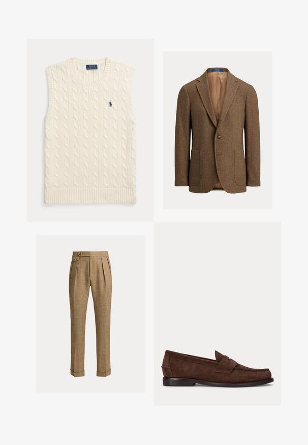 Brun uld blazer i fiskebenmønster med to forlommer, enkelt knaplukning, hakkede revers og beige satinfor.; Kremfarvet kabelstrikket ærmeløs sweatervest med ribkanter og lille mørkeblå Polo Ralph Lauren-logo på venstre bryst.; Brune ternede bukser med høj talje, plisseringer, sidelommer, knaplukket sidelukning, manchetter og skræddersyede lige ben.; Brun ruskind penny loafer med lav hæl og synlig syning langs tåen, siden og bagpå, vist på ensartet lys baggrund.