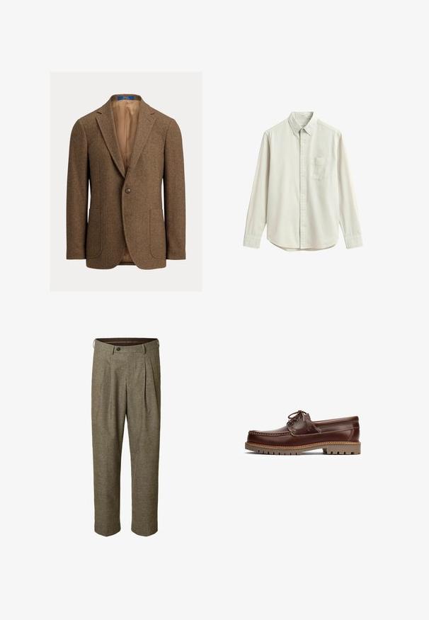 Blazer en laine marron à chevrons avec deux poches plaquées avant, fermeture à un bouton, revers crantés et doublure satin beige.; Chemise beige à manches longues avec boutons, poche poitrine à l'avant et col classique, présentée à plat sur fond blanc.; Pantalon marron à motif à carreaux avec un devant plissé, des poches latérales, une taille avec passants pour ceinture et une fermeture par bouton.; Chaussure bateau en cuir marron avec un bout arrondi, un laçage à l'avant et une semelle en caoutchouc épaisse. Présente des détails de couture et une finition texturée.