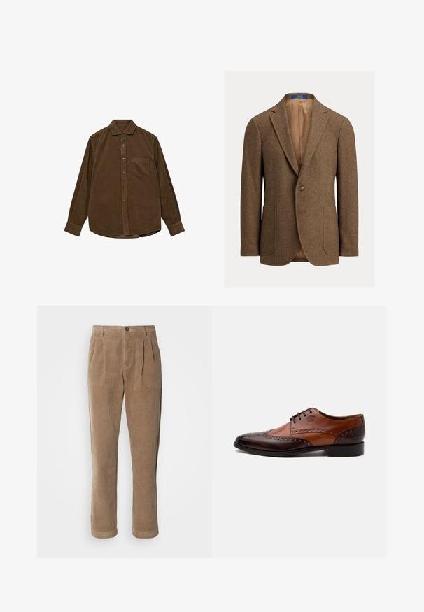 Brun uld blazer i fiskebenmønster med to forlommer, enkelt knaplukning, hakkede revers og beige satinfor.; Brun kordfløjls skjorte med lange ærmer, knap-ned krave, frontlomme og struktureret ribbet overflade. Har sølvfarvede knapper.; Brune fløjlsbukser med høj talje, der har frontfolder, knaplukning og lige ben. Den strukturerede stof er synlig.; Tofarvet brun læder herreselskabssko med brogue-detaljer og snørelukning set fra siden på hvid baggrund.