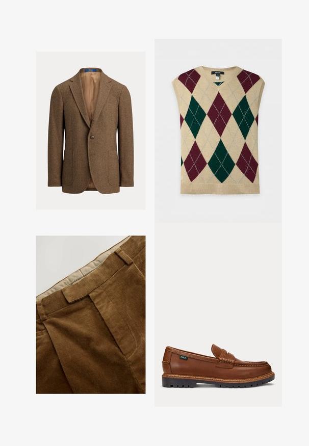 Brun uld blazer i fiskebenmønster med to forlommer, enkelt knaplukning, hakkede revers og beige satinfor.; Ærmeløs beige strikket sweatervest med stort grønt og burgunder argyle-diamentmønster og V-udskæring.; Brune kordfløjlsbukser med en tekstureret overflade, der har lige snit og syede forklaring. Taljen har et lettere stoffoer.; Brun læderloafer med syninger, robust sort sål og lille "Polo" mærkat på siden.