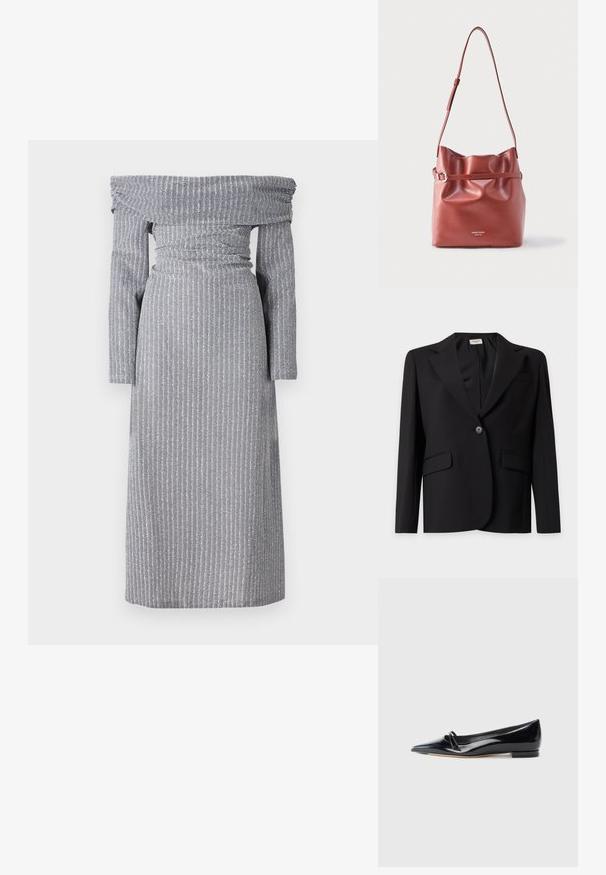 Zwarte blazer met één knoop, met inkeping revers en klepzakken, weergegeven tegen een effen lichtgrijze achtergrond.; Off-shoulder jurk in lichtgrijs met subtiele verticale stripes, aansluitende taille, lange mouwen en een vloeiende silhouette. Zachte stoffen textuur.; Zwarte gepatenteerde leren platte schoen met een puntige neus, een kleine decoratieve band en een lage blokhak. Gladde textuur en strak ontwerp.; Bruine leren schoudertas met verstelbare band, gerimpelde bovenkant en een smalle riemdetail over het midden, gegraveerd met het merklogo.