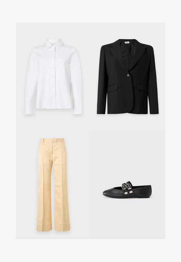 Blazer negro de un botón con solapas con muesca y bolsillos con solapa, mostrado sobre un fondo liso gris claro.; CLOSED CLASSIC SHIRT WITH STRAP DETAIL - Blusa - white; Pantalones beige de tiro alto y pierna recta con trabillas para cinturón y pliegues frontales sobre un fondo liso.; Zapato plano de cuero negro con punta afilada y dos correas con hebillas plateadas cruzando la parte superior, fotografiado sobre un fondo claro y sencillo.