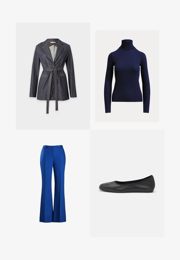 Mørk denim blazer med tre knapper, hakkede revers, lange ærmer, to forlommer og et matchende bælte bundet i taljen.; Navyblå ribstrikket langærmet polotrøje med tætsiddende silhuet på ensartet lys baggrund.; Bredde blå bukser lavet af struktureret stof, med en tætsiddende talje og forhånds folder, der er velegnede til formelt eller afslappet brug.; Sort læderballetsko med rund tå, glat tekstur, minimal syning og et fleksibelt såldesign.