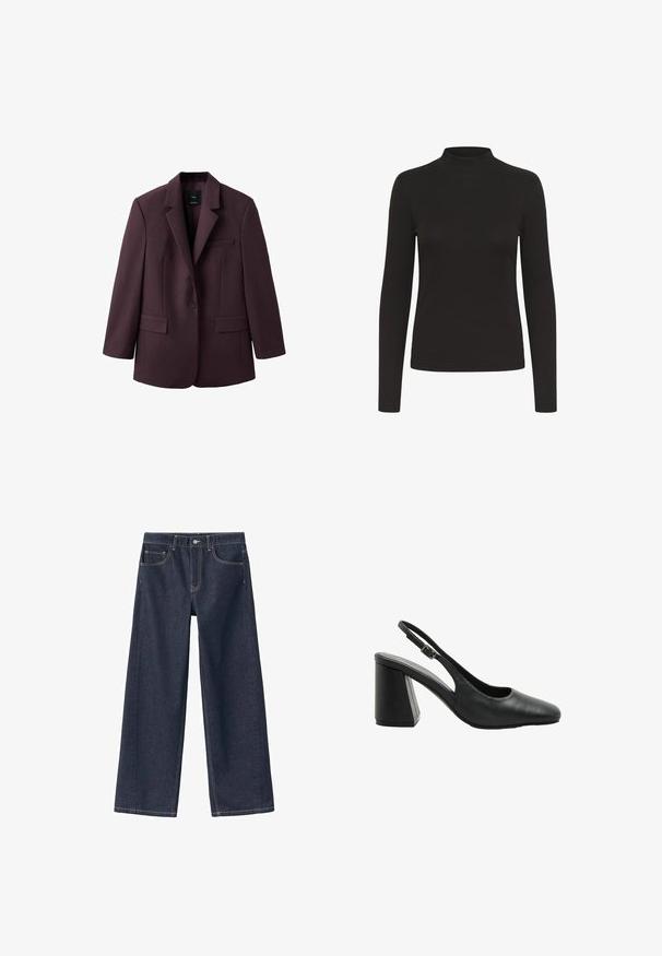 Viininpunainen bleiseri, joka on valmistettu jämäkästä kankaasta. Siinä on lovettu kaulus, yksirivinen nappikiinnitys ja kaksi etutaskua.; Musta pitkähihainen ribbipaita, jossa on mock-neck, istuva leikkaus ja yksinkertainen muotoilu, esitelty valkoisella taustalla.; Tummansininen farkkupitkä lahkeinen housut, joissa on korkea vyötärö, näkyvät saumat, kaksi etutaskua ja nappikiinnitys vyötäröllä.; Mustasta nahasta valmistettu naisten slingback-kengät, joissa on terävä kärki, säädettävä solkihihna ja paksu korko.