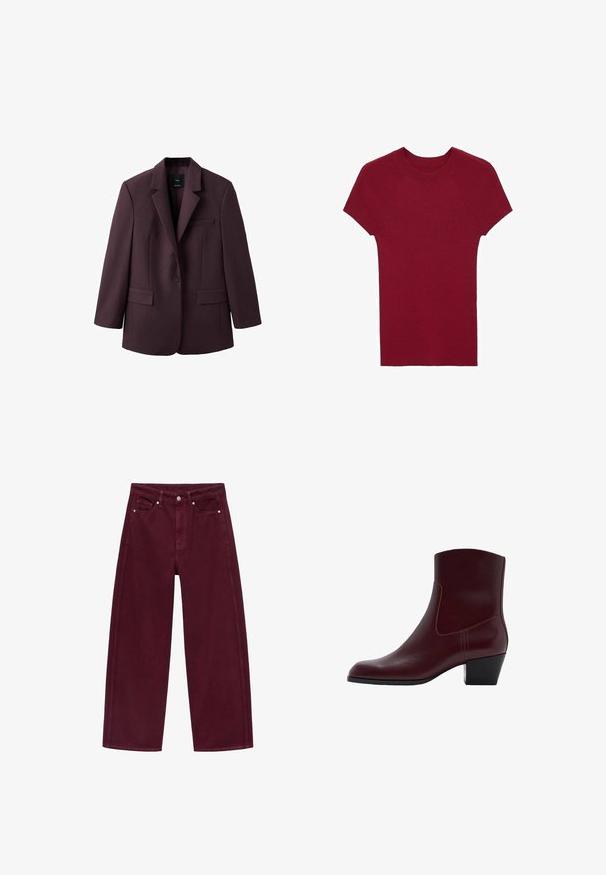 Bordeauxrode blazer van gestructureerde stof, met een notched revers, een enkele knoopsluiting en twee voorzakken.; Rode trui met korte mouwen van geribd breisel, met een ronde halslijn en een aansluitende uitstraling.; Bordeaux wijde jeans van denim, met een vier-pocket ontwerp en metalen knoopsluiting met bijpassende stiksels.; Bordeaux leren enkellaars met een licht spitse neus, middenhoge blokhak en naaddetails aan de zijkant. Gladde textuur en minimalistisch ontwerp.
