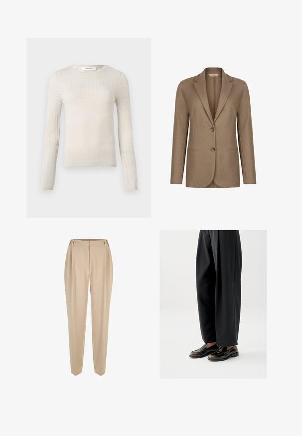 Blazer marron clair ajusté avec deux boutons, revers crantés, manches longues et poches fendues à l'avant.; Pull en tricot écru à manches longues avec un motif en chevrons subtil et un col rond, étiqueté "Selected" au col.; Pantalons beiges sur mesure avec passants de ceinture, jambes droites et fermeture cachée à l'avant, présentés sur fond blanc.; Mocassins noirs en cuir brillant, avec une lanière décorative sur le dessus, assortis à un pantalon noir ample.