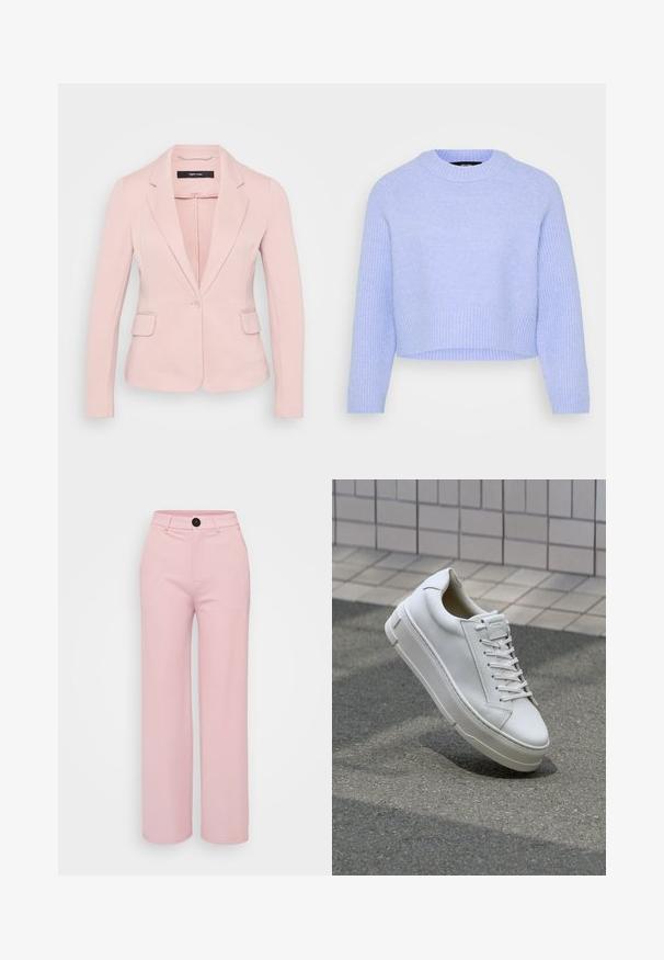Lyserød blazer med udskårne klapper, enkelt knaplukning og to frontlommer. Glat stof og tætsiddende pasform.; Lysblå cropped sweater lavet af blødt, tekstureret stof, med ribbet halsudskæring og kant samt lange ærmer.; Lys rosa bred benbukser med en glat tekstur, der har en sort knap og et klassisk talje design. Ingen ekstra lommer synlige.; Hvide lædersneakers med lavt design, flade snører, rund tå og strukturerede sider. Tyk gummisål med diskrete detaljer.