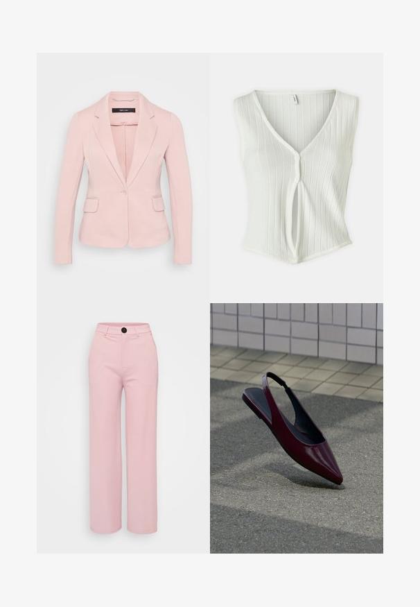 Lichtroze blazer met notch-lapels, enkele knoopsluiting en twee voorzakken. Gladde stof en een getailleerde pasvorm.; Witte mouwloze top met een V-hals, voorzien van verticale ribbels, een knoopsluiting en een splitdetail aan de voorkant. Gladde, rekbare stof.; Lichtroze wijde broek met een gladde textuur, voorzien van een zwarte knoop en een klassiek ontwerp van de tailleband. Geen extra zakken zichtbaar.; Donkerrode lakleren slingback platte schoen met spits toelopende neus zwevend boven een getextureerde bestrating bij een betegelde muur.