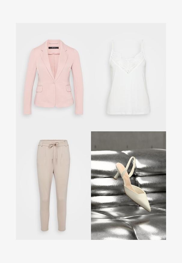 Lyserød blazer med udskårne klapper, enkelt knaplukning og to frontlommer. Glat stof og tætsiddende pasform.; Hvid cami-top med tynde stropper, der har et blonde V-halsdesign og glat tekstur. Enkel, tætsiddende form uden yderligere mønstre.; Beige bukser lavet af blødt stof, med snøring i taljen, frontplisseringer og tætsiddende ben. Glat tekstur uden synlige mønstre.; Enkelt hvid spids slingback højhælet sko liggende på en skinnende, metallisk sølv tuftet overflade.