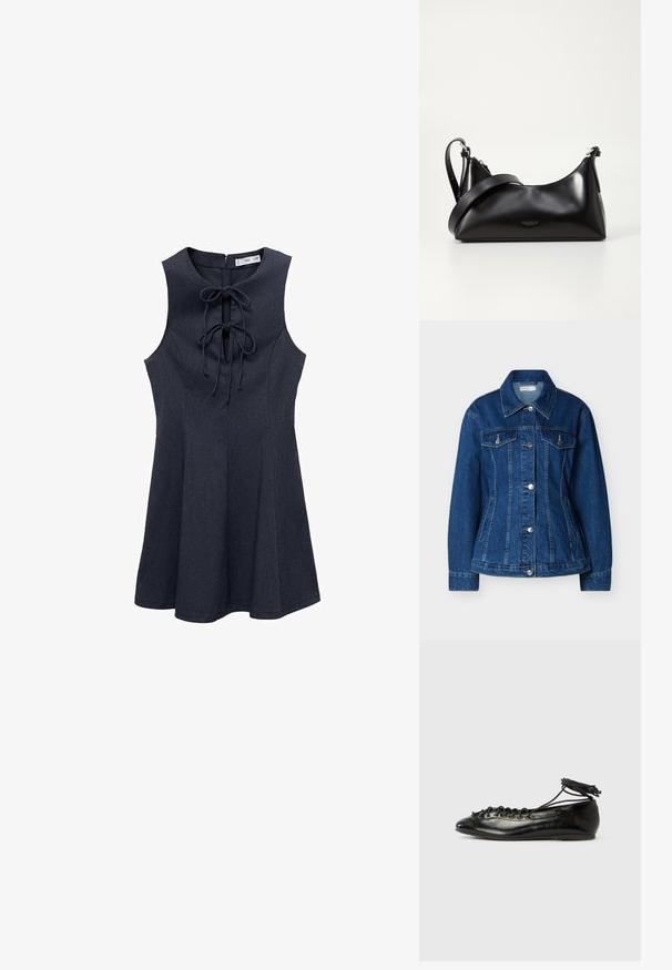 Blauwe spijkerjas met knopen aan de voorkant, twee borstzakken met kleppen en zijzakken met openingen, voorzien van een klassieke kraag en lange mouwen.; Marineblauw denim zonder mouwen jurk met een aansluitend lijfje en een uitlopende rok. Voorzien van een vetering aan de voorkant en een ritssluiting aan de achterkant. Soepele textuur.; Zwarte ballerina's van lakleer met een afgeronde neus, veterdesign en een platte zool. Glad oppervlak met minimale details.; Zwarte leren handtas met een gladde textuur. Beschikt over een verstelbare schouderband en een strak, minimalistisch ontwerp met een ritssluiting.