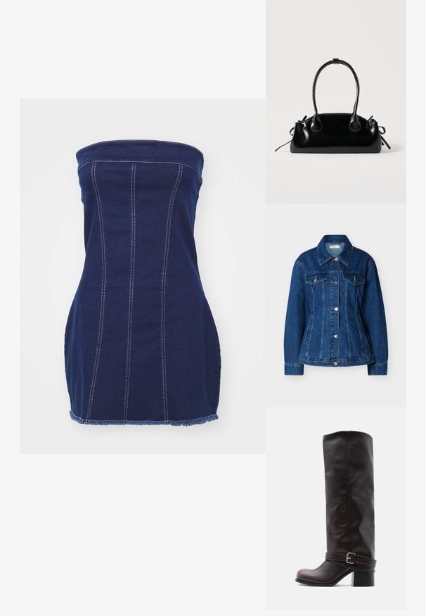 Blå denimjakke med knaplukning foran, to brystlommer med klapper og sidelommer med slidser, med klassisk krave og lange ærmer.; Mørkeblå denim uden stropper med lodrette syninger, frynset kant og kontrastfuld hvid syning. Den tætsiddende design fremhæver silhuetten.; Mørkebrun læderstøvle til knæet med rund tå, lav blokhæle og dekorativ rem med sølvspænde ved anklen.; Lille sort blank håndtaske med to lange håndtag og snøre-detaljer i siden på en ensfarvet lys baggrund.