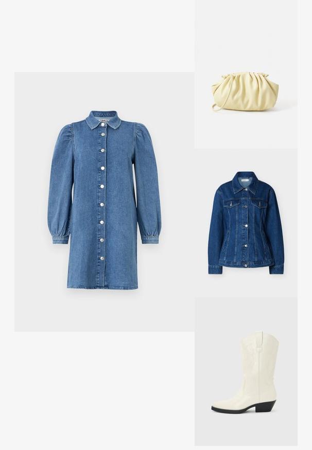 Blå denimjakke med knaplukning foran, to brystlommer med klapper og sidelommer med slidser, med klassisk krave og lange ærmer.; Denimkjole med lange puffede ærmer, knapåbning foran, krave og lige snit. Blåt stof med en glat overflade.; Hvid western-støvle til midt på læggen med spids tå, sort stablet hæl, dekorative sømme og trækflap på skaftet.; Gul plisseret håndtaske lavet af glat kunstlæder, med en blød form, en enkelt skulderrem og samlet topdesign.