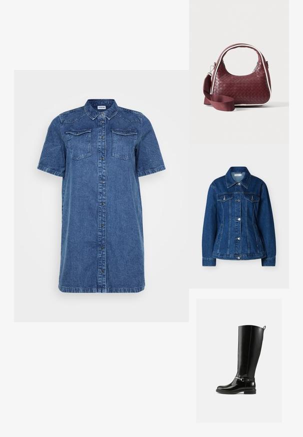 Blå denimjakke med knaplukning foran, to brystlommer med klapper og sidelommer med slidser, med klassisk krave og lange ærmer.; Denim skjortekjole i mørkeblå, med korte ærmer, to brystlommer, knaplukning foran og lige snit.; Sorte knæhøje støvler lavet af blankt læder med en sølvfarvet spænde ved anklen og rundet snude. Flad sål.; Mørkerød vævet lædertaske med buet hank, hvid kant, sølv lynlås og aftagelig bred stofskulderrem mod en ensfarvet baggrund.