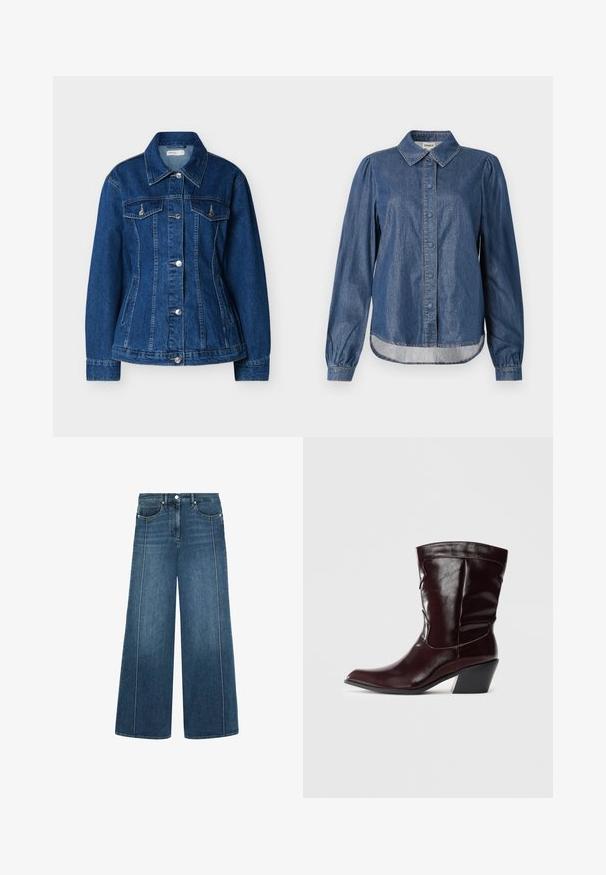 Chaqueta vaquera azul con cierre de botones, dos bolsillos en el pecho con solapas y bolsillos laterales con abertura, con cuello clásico y mangas largas.; Camisa de mezclilla en azul oscuro con cuello, cierre frontal de botones, mangas largas abullonadas y dobladillo redondeado, con costuras en contraste.; Jeans de pierna ancha en denim azul oscuro con costuras blancas en contraste, diseño de cinco bolsillos y cierre de botón en la cintura.; Botines de cuero burdeos con punta afilada, superficie texturizada y tacón bajo cónico. Presentan costuras sutiles y un ajuste ceñido.