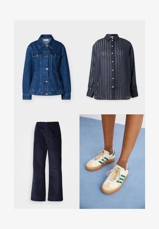 Veste en jean bleu avec fermeture à boutons, deux poches poitrine à rabats et poches latérales fendues, dotée d'un col classique et de manches longues.; Chemise transparente bleu marine foncé à boutons, rayures verticales, manches longues et col pointu, présentée sur un fond uni.; Pantalons large en velours côtelé navy avec des côtes verticales, taille élastique et sans matériel visible. Texture douce et coupe décontractée.; Baskets beiges avec des rayures vert foncé, semelle en caoutchouc, tige en daim et textile, et accessoires neutres, associées à des chaussettes brunes sur une surface bleu clair.