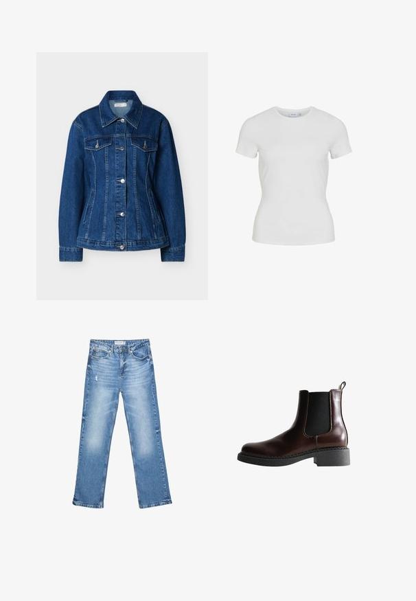 Veste en jean bleu avec fermeture à boutons, deux poches poitrine à rabats et poches latérales fendues, dotée d'un col classique et de manches longues.; T-shirt blanc ajusté à manches courtes avec col rond et petite étiquette de la marque à l'intérieur du col.; Jean en denim bleu clair, coupe droite, avec des zones délavées et une légère usure. Comprend cinq poches et une fermeture à bouton classique.; Bottine en cuir marron avec des panneaux élastiques sur les côtés, bout rond et semelle en caoutchouc noir texturé. Comprend des coutures contrastées et une languette.