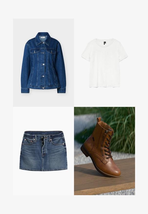Blaue Jeansjacke mit Knopfleiste, zwei Brusttaschen mit Klappen und seitlichen Einschubtaschen, ausgestattet mit einem klassischen Kragen und langen Ärmeln.; Weißes T-Shirt mit kurzen Ärmeln und rundem Ausschnitt, hergestellt aus leichtem Stoff. Schlichtes Design, glatte Textur und gerader Saum.; Jeans-Minirock in Dunkelblau. Verfügt über einen fünf-Knopf-Verschluss, zwei Fronttaschen und dezentes Ausbleichen. Gestepptes Detail entlang der Kanten.; Brauner Leder-Stiefelette mit seitlichem Reißverschluss und Schnürsenkeln, auf einer Holzoberfläche im Freien platziert, mit unscharfem Grün im Hintergrund.