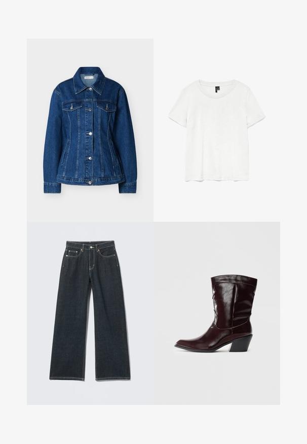 Blå denimjakke med knaplukning foran, to brystlommer med klapper og sidelommer med slidser, med klassisk krave og lange ærmer.; Hvid kortærmet t-shirt med rund halsudskæring, lavet af letvægtsstof. Enkel design, glat tekstur og lige kant.; Mørkeblå jeans med vide ben, foran med knapper, lynlås, bæltestropper og fem-lomme detalje på en ensfarvet lys baggrund.; Bordeaux læder ankelstøvler med spids tå, tekstureret overflade og en lav, taperet hæl. Har diskrete søm og en tætsiddende pasform.