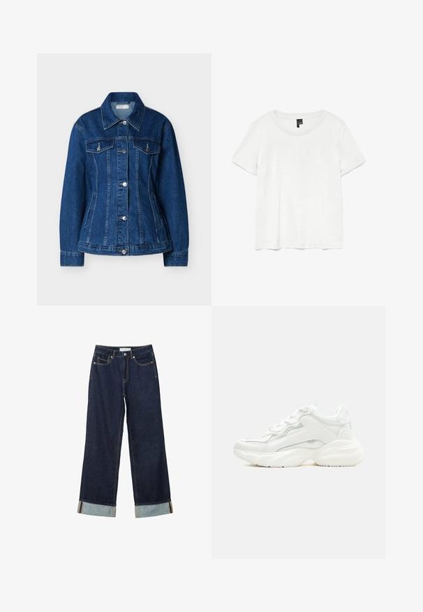 Blaue Jeansjacke mit Knopfleiste, zwei Brusttaschen mit Klappen und seitlichen Einschubtaschen, ausgestattet mit einem klassischen Kragen und langen Ärmeln.; Weißes T-Shirt mit kurzen Ärmeln und rundem Ausschnitt, hergestellt aus leichtem Stoff. Schlichtes Design, glatte Textur und gerader Saum.; Dunkelblaue, weit geschnittene Jeans mit hoher Taille, ausgestattet mit aufgerollten Säumen, Kontrastnähten und einem Fünf-Taschen-Design. Hergestellt aus Denim-Stoff.; Weißer klobiger Sneaker mit dicker Sohle, Schnürverschluss vorne und glattem, synthetischem Obermaterial mit dezenten Steppnähten.