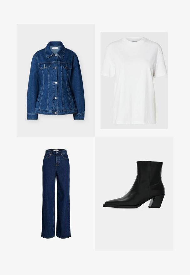 Veste en jean bleu avec fermeture à boutons, deux poches poitrine à rabats et poches latérales fendues, dotée d'un col classique et de manches longues.; T-shirt en coton blanc avec des manches courtes et un col rond. Présente une coupe décontractée et un design minimal sans motifs ni accents.; Jean large taille haute bleu foncé avec poches avant, passants pour ceinture, fermeture par bouton et détails de coutures visibles.; Bottine en cuir noir avec un bout pointu, une silhouette élégante et un talon carré massif. Texture lisse avec des détails de couture minimalistes.