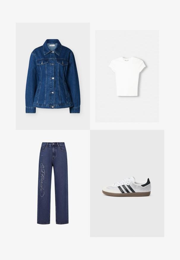 Blaue Jeansjacke mit Knopfleiste, zwei Brusttaschen mit Klappen und seitlichen Einschubtaschen, ausgestattet mit einem klassischen Kragen und langen Ärmeln.; Weißes kurzärmliges T-Shirt aus weicher Baumwolle, mit Rundhalsausschnitt und figurbetonter Form. Keine sichtbaren Muster oder Verzierungen.; Dunkelblaue Denim-Jeans mit lockerem Schnitt, verziert mit silbernen Strasssteinen, die den Text "Ed Hardy" entlang des linken Beins bilden.; Weißer Mesh-Sneaker mit schwarzen Streifen, beiger Wildleder-Kappe an der Spitze und am Absatz, strukturierter Gummisohle und weißen Schnürsenkeln. Klassisches Low-Top-Design.