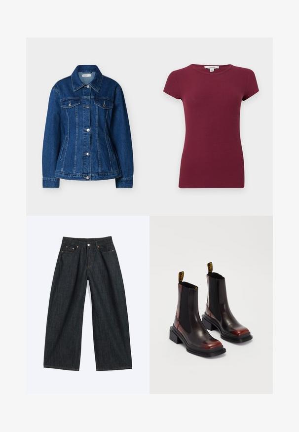 Blaue Jeansjacke mit Knopfleiste, zwei Brusttaschen mit Klappen und seitlichen Einschubtaschen, ausgestattet mit einem klassischen Kragen und langen Ärmeln.; Kurzärmeliges, geripptes, lila Oberteil mit Rundhalsausschnitt, taillierter Silhouette und einfarbiger Textur, vor einfarbigem Hintergrund präsentiert.; Dunkelblaue Jeans mit weitem Bein, vorderen Taschen und Gürtelschlaufen, flach auf hellem Hintergrund liegend.; Dr. Martens MAYBOLE CHELSEA - Plateaustiefelette - black/cherry red