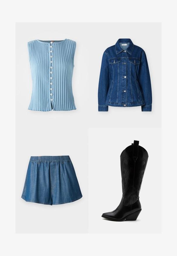 Veste en jean bleu avec fermeture à boutons, deux poches poitrine à rabats et poches latérales fendues, dotée d'un col classique et de manches longues.; Haut sans manches bleu clair avec une texture à côtes verticales et un col rond. Présente des boutons blancs sur le devant et une légère fente à l'ourlet.; Shorts en denim bleu avec taille élastique et passants pour ceinture, plis à l'avant et ourlets incurvés, présentés à plat sur un fond blanc.; Botte de cowboy en cuir noir avec bout pointu, talon bloc incliné, couture décorative et languettes en haut sur fond blanc.