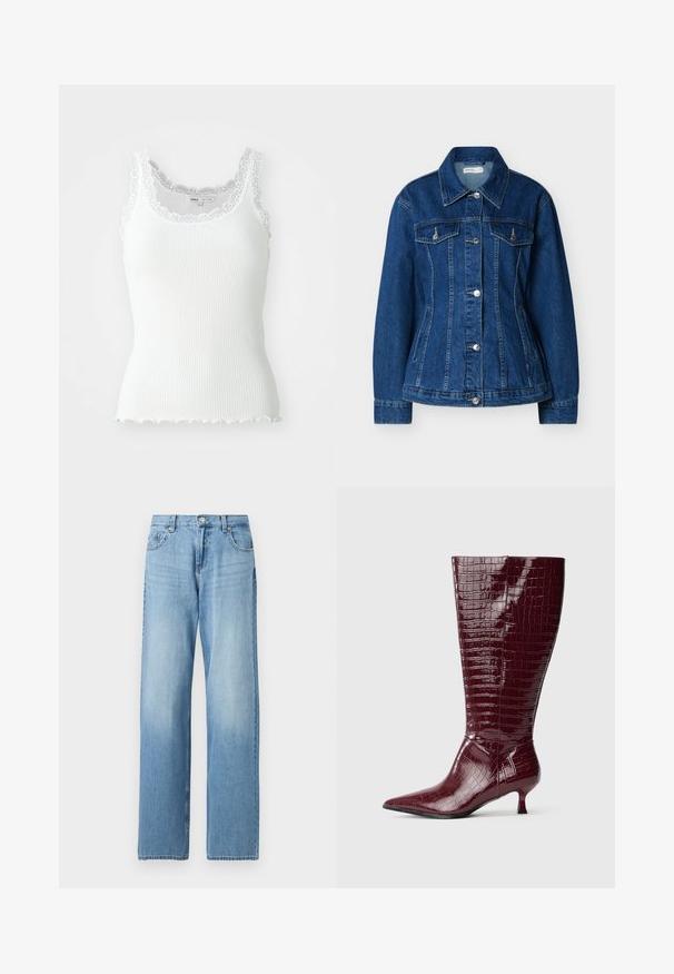 Veste en jean bleu avec fermeture à boutons, deux poches poitrine à rabats et poches latérales fendues, dotée d'un col classique et de manches longues.; Débardeur blanc à côtes avec un liseré en dentelle le long de l'encolure et des emmanchures ; finition en bas en forme de vagues ; design ajusté et tissu léger.; Jean denim bleu clair à jambe droite avec fermeture avant par bouton et fermeture éclair, passants de ceinture, et poches avant et arrière.; Bottes hauteur genou en cuir verni bordeaux à texture crocodile, bout pointu et talon bloc bas, présentant un design élégant et ajusté.