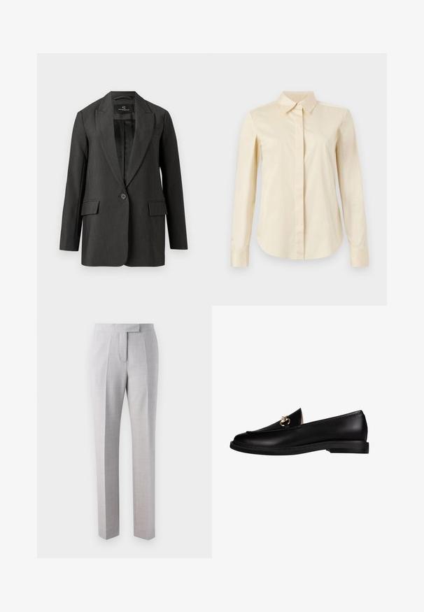 Mørkegrå blazer med skræddersyet pasform, enkelt knaplukning, spids krave, to forlommer og en glat tekstur. Foring indeni.; Kremfarvet langærmet skjorte med knapper, spids krave og skjult knapstolpe, vist på en ensfarvet baggrund.; Lys grå skræddersyede bukser lavet af fint tekstureret stof med flad front, folder og lige ben. Sidder højt på taljen.; Sorte læder loafers med en glat overflade, med en guldfarvet hardware detalje på vampen og en lav, flad sål.