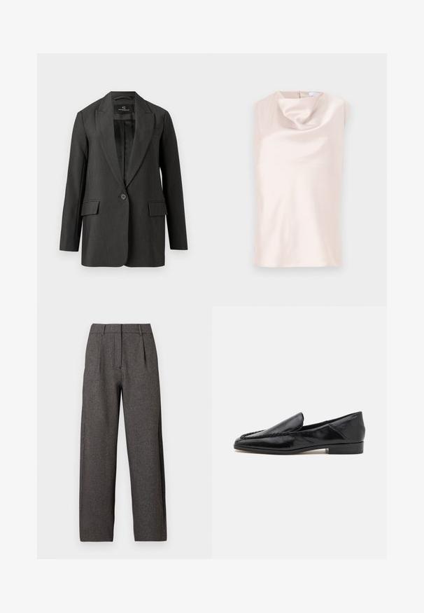 Blazer gris foncé avec coupe ajustée, fermeture à un seul bouton, revers crantés, deux poches avant et texture lisse. Intérieur doublé.; Haut sans manches style soie de couleur beige doux avec un col bénitier drapé. Doté d'une fermeture éclair discrète au dos et d'une texture lisse et brillante.; Pantalons larges taille haute gris foncé avec passants de ceinture, plis avant et fermeture éclair frontale cachée.; Mocassins en cuir noir avec une finition lisse, dotés d'un design cousu le long du bord avant et d'un petit talon carré.