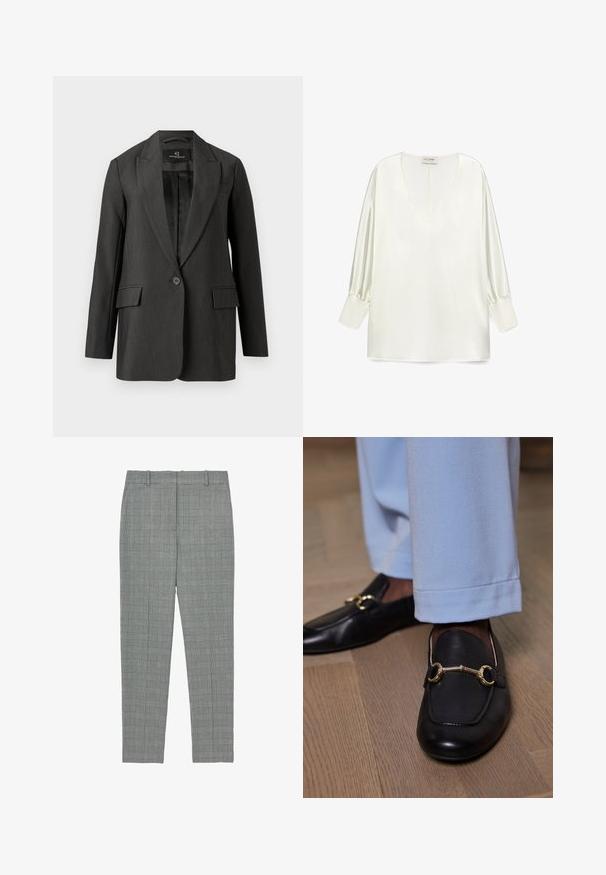 Mørkegrå blazer med skræddersyet pasform, enkelt knaplukning, spids krave, to forlommer og en glat tekstur. Foring indeni.; Hvid satinbluse med en dyb V-hals, lange pufærmer og en lige kant. Stoffet har en glat, blank overflade.; Grå ternede tapered bukser med bæltestropper og flad front, designet til en skræddersyet pasform.; Sorte læder loafers med guld metalbit detalje båret med lyseblå bukser på trægulv.