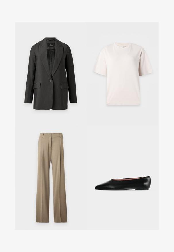 Blazer gris oscuro con corte entallado, cierre de un botón, solapas de muesca, dos bolsillos frontales y una textura suave. Interior forrado.; Camiseta blanca lisa de manga corta con cuello redondo mostrada sobre un fondo gris claro.; Pantalones de pierna ancha en un tejido marrón claro. Presentan una textura suave, pliegues bien planchados y un diseño de cinturilla plana en la parte delantera.; Zapato plano negro de cuero para mujer con punta puntiaguda y tacón bajo, mostrado de lado sobre un fondo liso gris claro.
