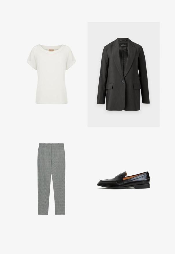 Dunkelgrauer Blazer mit taillierter Passform, Ein-Knopf-Verschluss, Reverskragen, zwei Vordertaschen und glatter Textur. Gefüttertes Innenfutter.; Weißes Damenshirt mit kurzen Ärmeln, rundem Ausschnitt und einem kleinen beigen Etikett auf der Innenseite des Kragens.; Grau karierte Hose im Slim Fit mit flachem Vorderteil und Gürtelschlaufen. Hergestellt aus einem glatten Stoff mit einer feinen Textur.; Schwarze Lederloafers mit einem eleganten Design, ausgestattet mit einem breiten Riemen über dem Vorderfuß, runder Zehenpartie und flacher Sohle. Glatte Textur mit minimaler Naht.