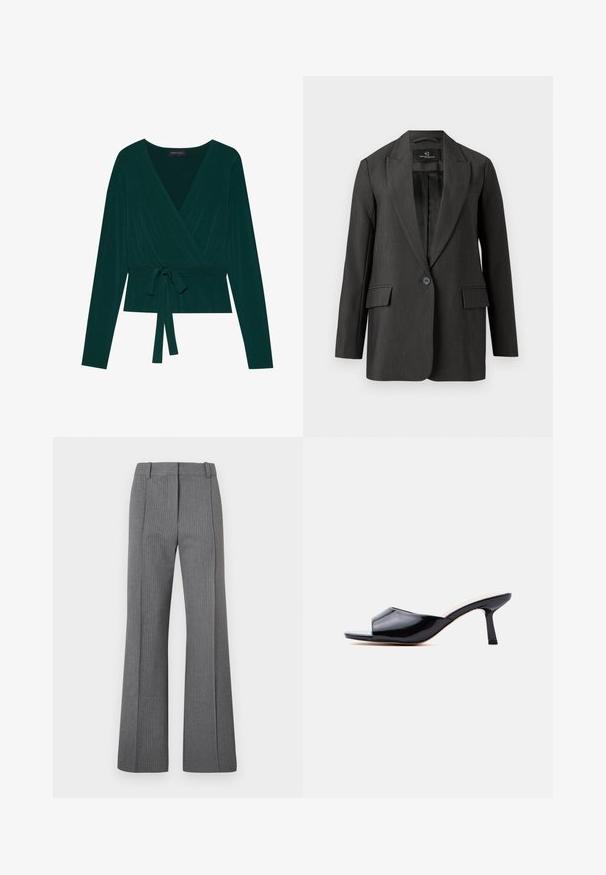 Blazer gris foncé avec coupe ajustée, fermeture à un seul bouton, revers crantés, deux poches avant et texture lisse. Intérieur doublé.; Haut en tissu vert foncé avec de longues manches, présentant un décolleté en V et un lien ajustable à la taille pour un look ajusté. Texture douce.; Pantalons évasés gris à rayures avec un devant plat, des passants de ceinture et une texture lisse. Design pleine longueur avec des détails de motif subtils.; Mule à bout ouvert en cuir verni noir avec un petit talon fin et un design à enfiler sur un fond gris clair.