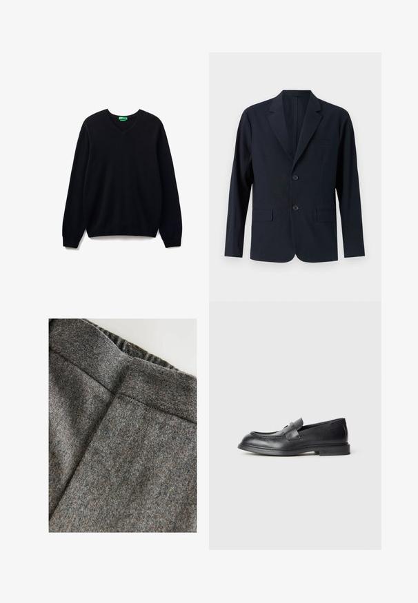 Blazer de color azul marino, texturizado, con solapas con muesca, dos bolsillos frontales con solapa y dos botones. Corte ajustado con un diseño minimalista.; Suéter negro de cuello en V, fabricado con un tejido suave, que cuenta con mangas largas y puños y dobladillo acanalados. Diseño simple sin patrones o acentos adicionales.; Pantalones de mezcla de lana gris con una textura suave, con una cinturilla ancha y un corte limpio y clásico. Presentan sutiles motas de color.; Mocasines de cuero negro con acabado texturizado, que cuentan con una correa decorativa en la parte delantera y punta redondeada. Suela de goma para mayor durabilidad.
