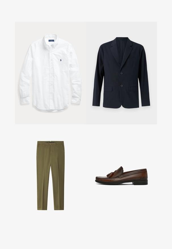 Marineblå, struktureret blazer med a-snit krave, to frontlommer med klap og to knapper. Skræddersyet fit med minimalistisk design.; Hvid skjorte med lange ærmer, knapper og krave, med lille mørkt logo på venstre bryst, lagt fladt på en lys baggrund.; Olivenfarvede bukser lavet af blødt stof, med lige ben, bæltestropper og lynlåslukning med knap.; Brun herre loafer i læder med kvastdetaljer og syninger samt sort lav stakket hæl, vist fra siden på hvid baggrund.