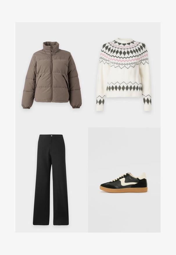Brun pufferjakke med høj krave, lynlås foran og elastiske manchetter. Har et quiltet mønster og sidelommer. Blødt, isoleret materiale.; Hvid strikket sweater med sorte og pink geometriske mønstre over brystet, ærmerne og kanten, med rund halsudskæring og ribbede manchetter.; Sorte bukser med vid ben lavet af et blødt stof, med knaplukning foran, rene linjer og et minimalistisk design uden mønstre.; Sorte ruskinds- og lædersneakers med en cremefarvet side-swoosh og lys cremefarvet hæl. Har beige snørebånd og en gummirubber-sål.